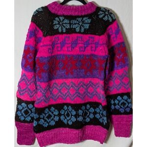 Vintage Handmade Bolivian Wool Sweater One of a Kind Pink Purple Women's M